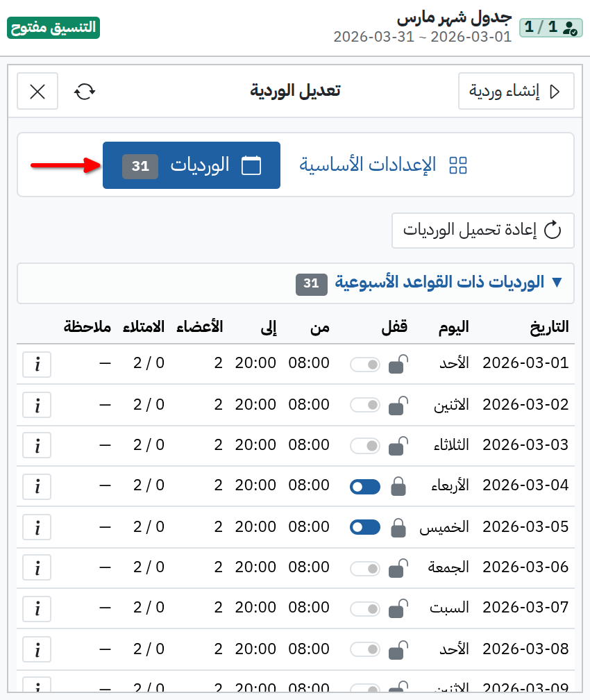جميع ورديات الشهر